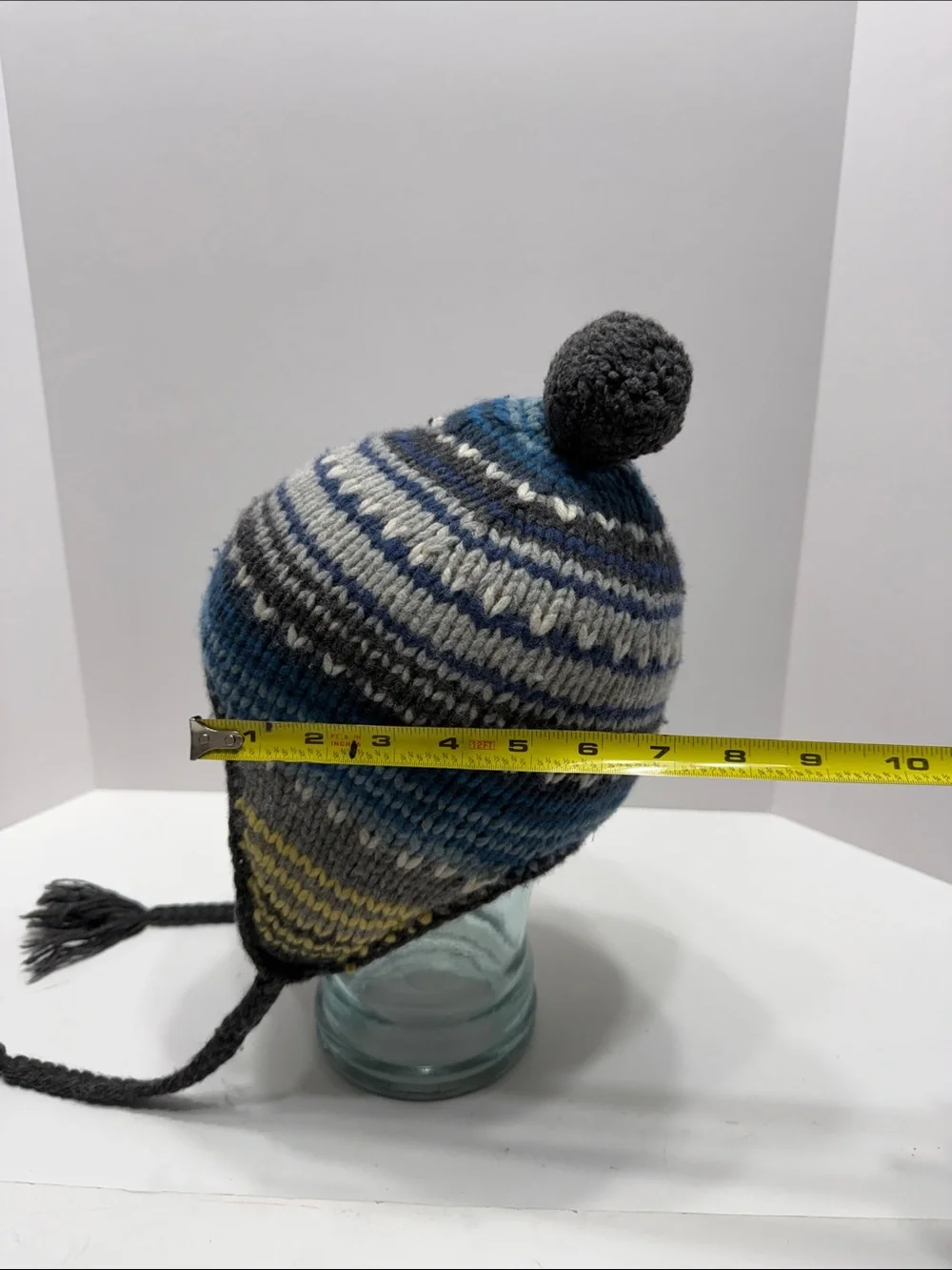 American Eagle Outfitters Blue, Gray, White & Yellow Striped Knit Earflap Hat